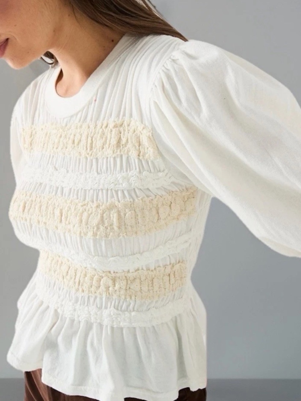 Free People NWT Maxey Smocked Ruffled Cream Puffed Half Sleeve Knit Top, XS - Picture 5 of 12